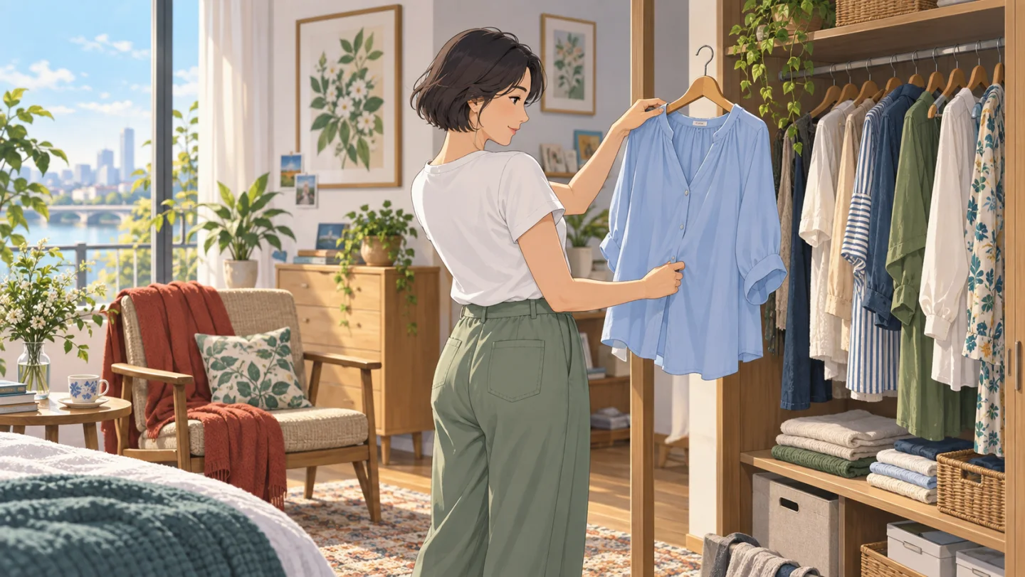 Anime-style illustration of a woman choosing a loose cotton blouse at home while considering her preferences