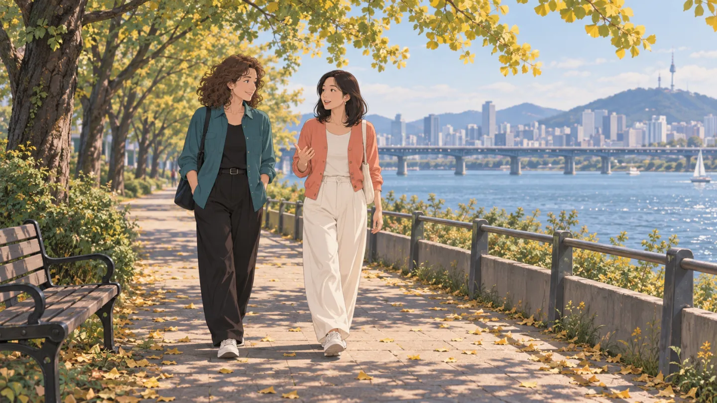Anime-style illustration of two adult women talking during a relaxed walk beside a riverside park