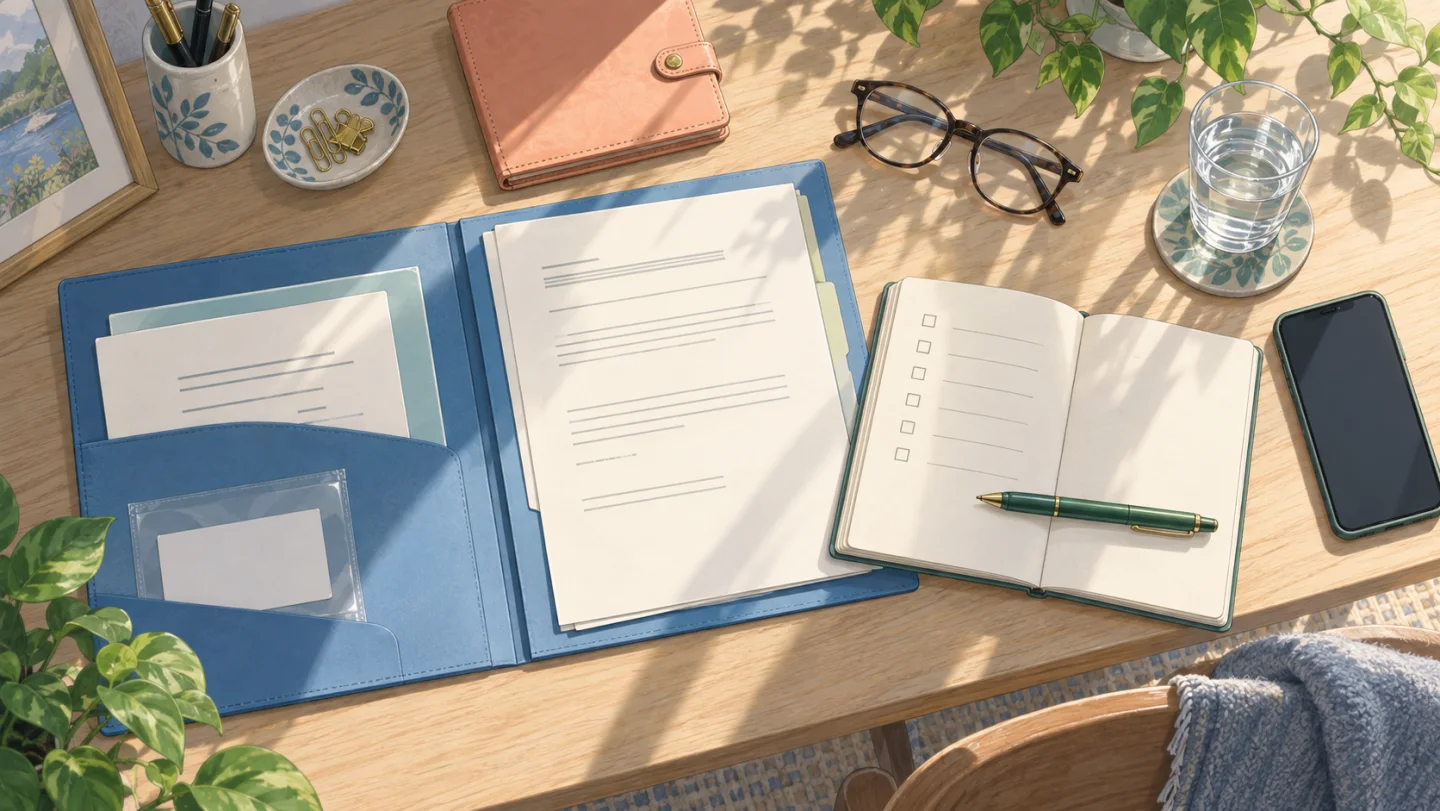 Anime-style overhead still life of a personal record folder, a notebook, reading glasses and a phone on a home desk
