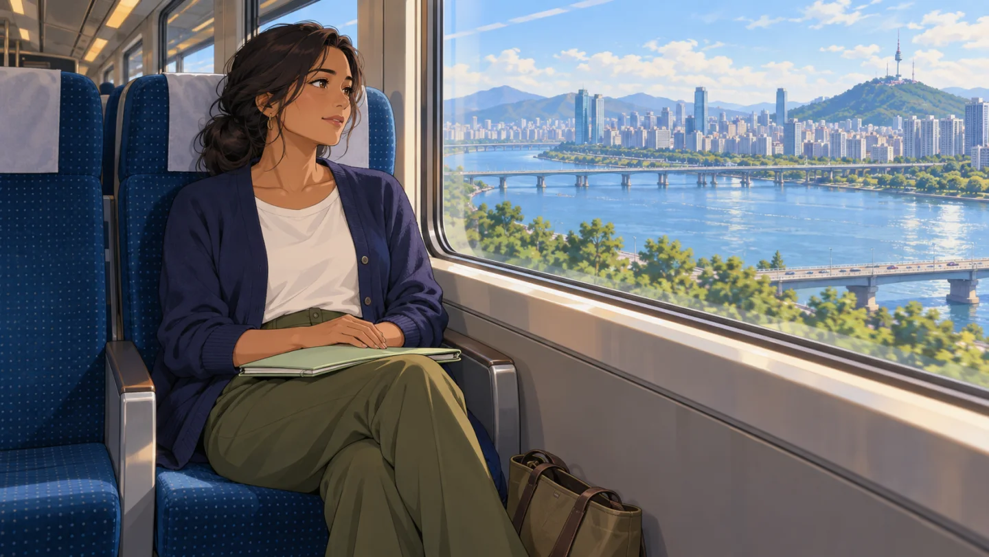 Anime-style illustration of a woman carrying a records folder while looking out of a train window on a city journey