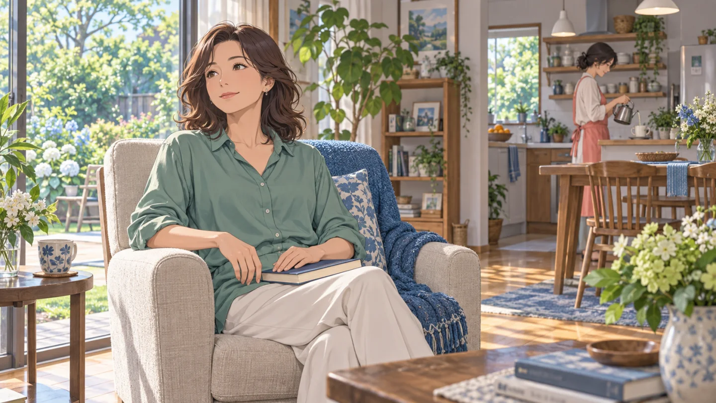 Anime-style illustration of a woman resting at home with a book while a friend prepares a warm drink nearby