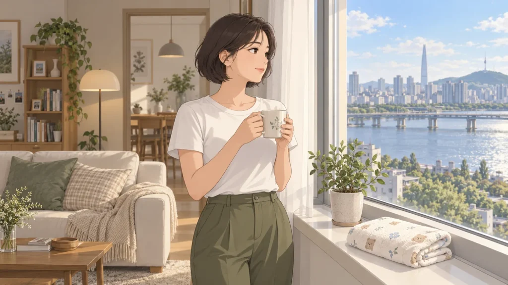 Anime-style illustration of a woman holding a mug of tea by a bright apartment window, a folded baby blanket on the sill