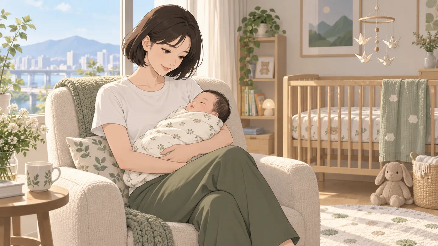 Anime-style illustration of a mother cradling a sleeping swaddled infant in a sunlit nursery armchair