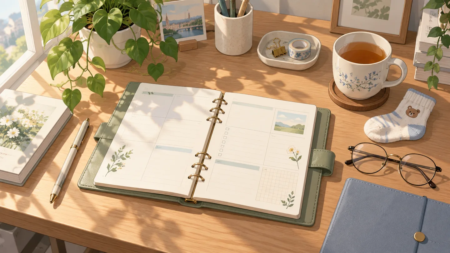 Anime-style overhead still life of an open paper planner, tea, a baby sock and reading glasses on a wooden desk