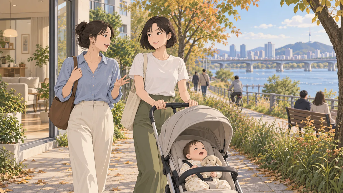 Anime-style illustration of two women walking with a stroller along a riverside park path in early autumn